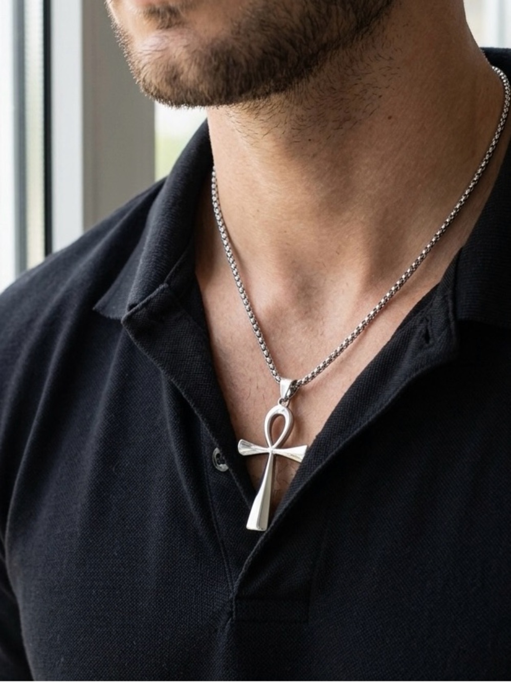 Premium Silver Stainless Steel Ankh Cross Necklace, Casual Unisex Design